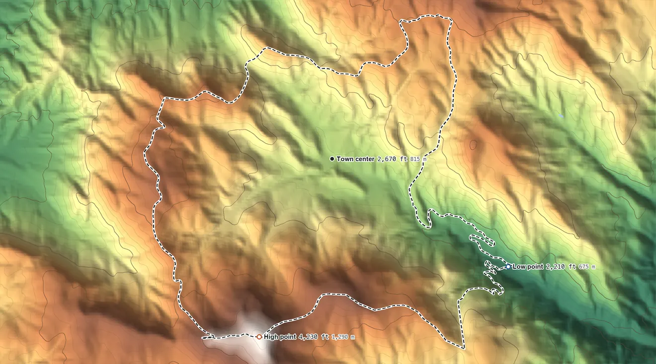 Topographic elevation map of Gerton, North Carolina, shaded from 2,210 ft on the southeast side to 4,230 ft on Bearwallow Mountain