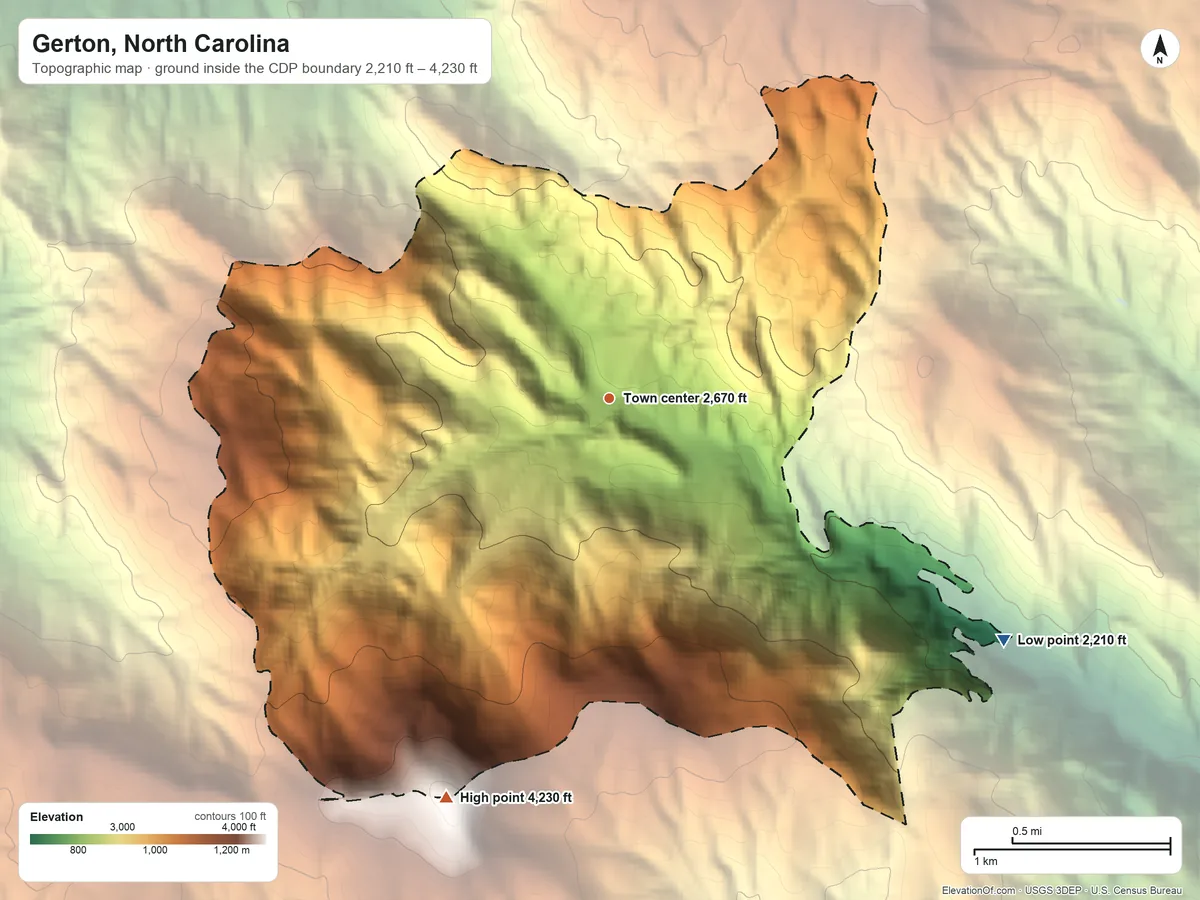 Topographic elevation map of Gerton, North Carolina, shaded from 2,210 ft on the southeast side to 4,230 ft on Bearwallow Mountain