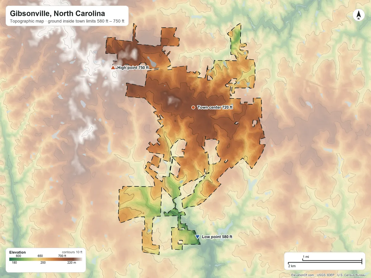 Topographic elevation map of Gibsonville, North Carolina, shaded from 580 ft on the south side to 750 ft on the northwest side