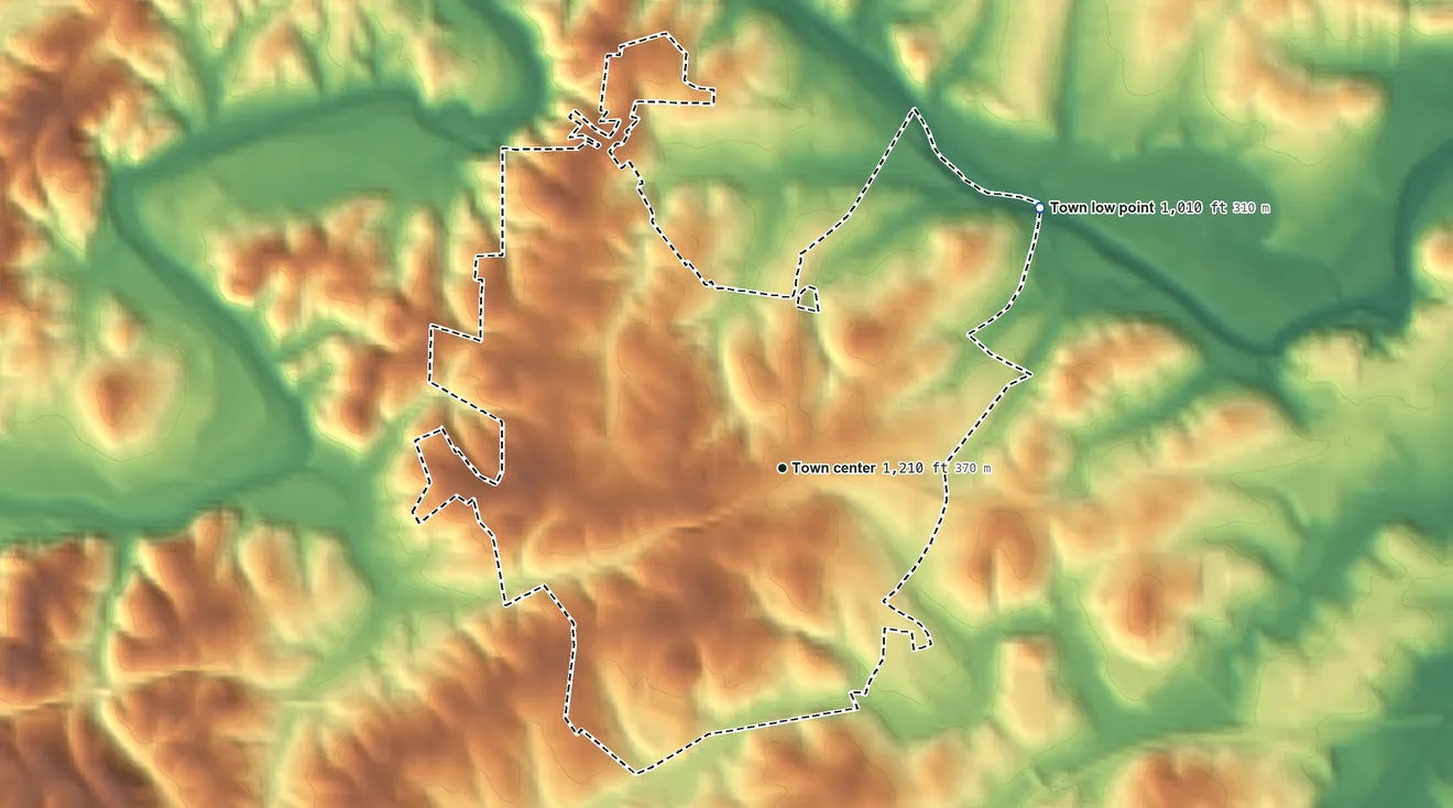 Topographic elevation map of Glen Alpine, North Carolina, shaded from 1,010 ft on the northeast side to 1,360 ft on the northwest side