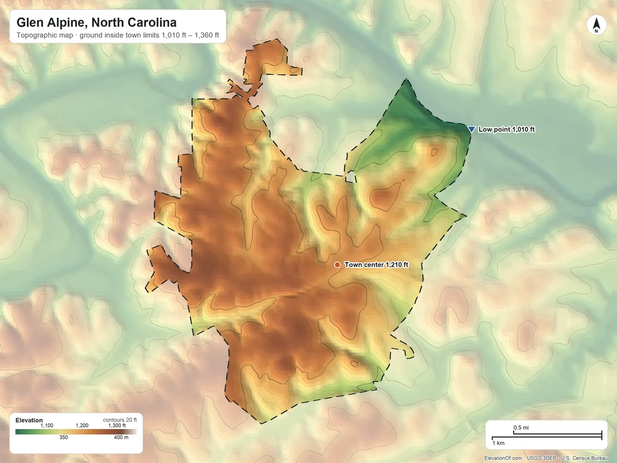 Topographic elevation map of Glen Alpine, North Carolina, shaded from 1,010 ft on the northeast side to 1,360 ft on the northwest side
