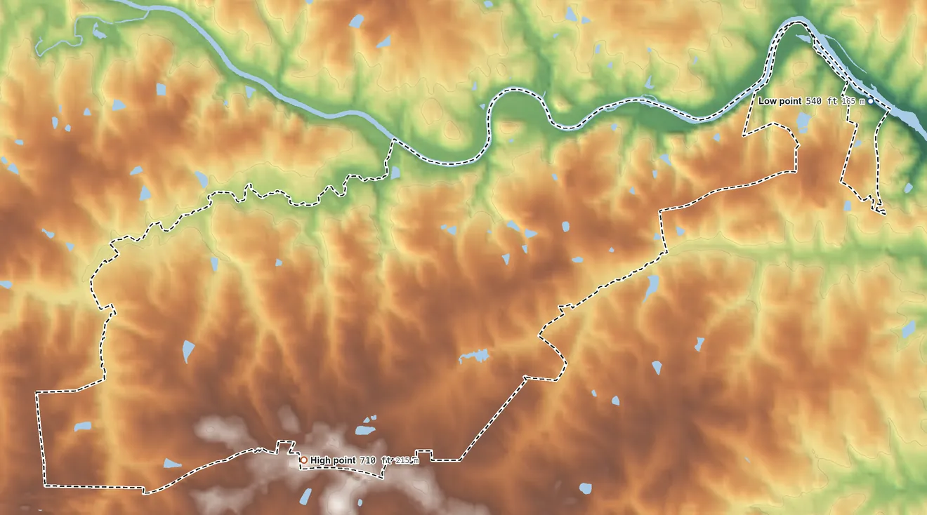 Topographic elevation map of Glen Raven, North Carolina, shaded from 540 ft on the east side to 710 ft on the southwest side