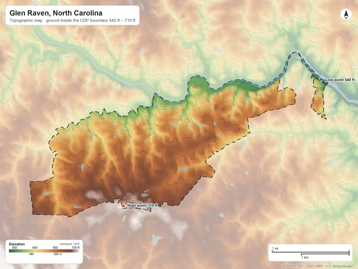 Topographic elevation map of Glen Raven, North Carolina, shaded from 540 ft on the east side to 710 ft on the southwest side