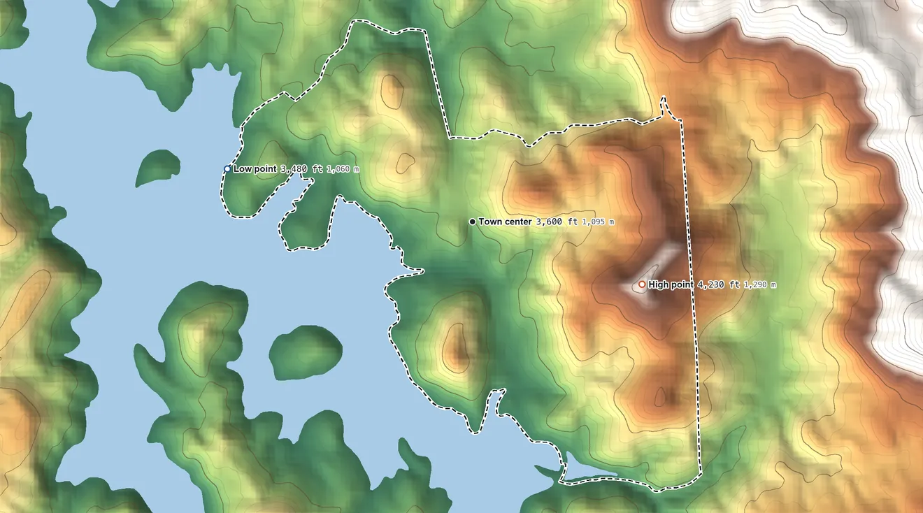 Topographic elevation map of Glenville, North Carolina, shaded from 3,480 ft on the west side to 4,230 ft on Owen Mountain