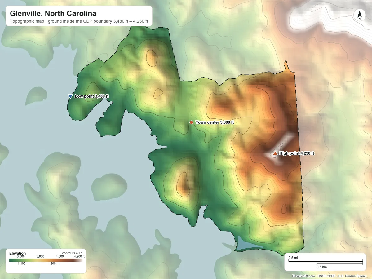 Topographic elevation map of Glenville, North Carolina, shaded from 3,480 ft on the west side to 4,230 ft on Owen Mountain