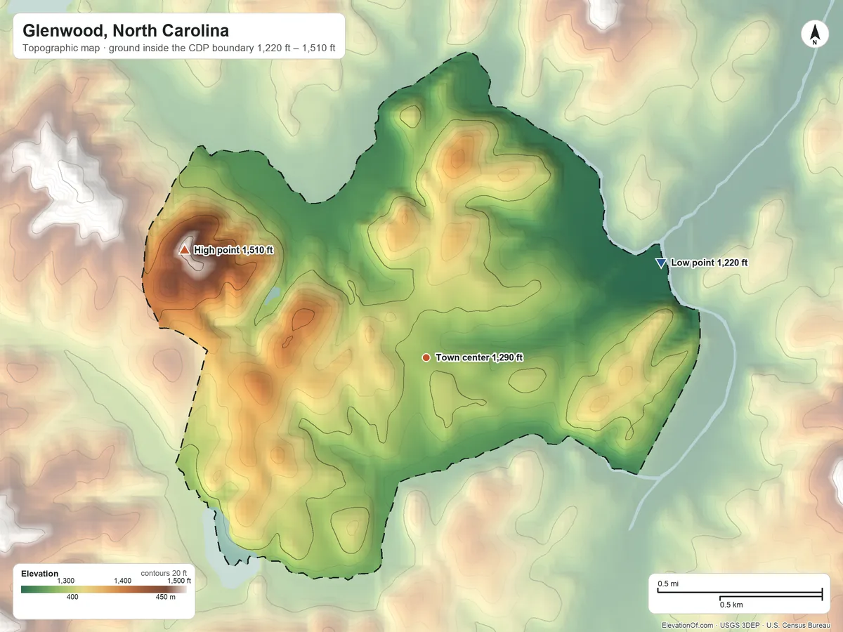 Topographic elevation map of Glenwood, North Carolina, shaded from 1,220 ft on the east side to 1,510 ft at the foot of the Habersham Mountains