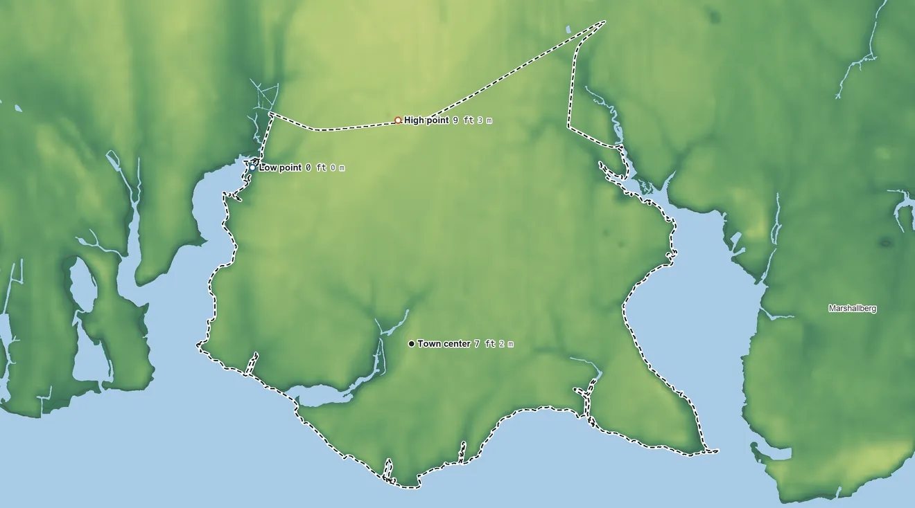 Topographic elevation map of Gloucester, North Carolina, shaded from sea level level on Whitehurst Creek to 9 ft on the north side
