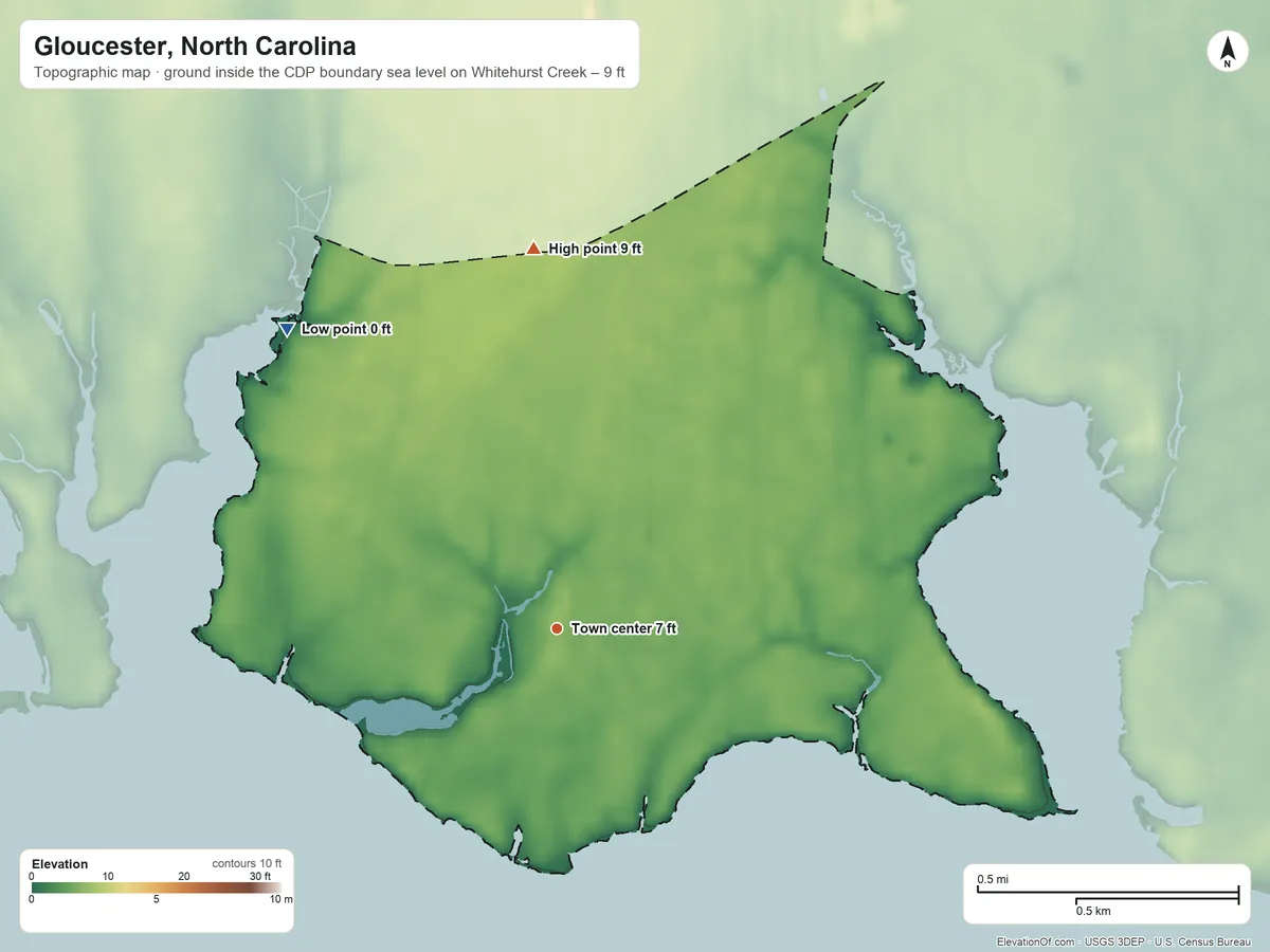 Topographic elevation map of Gloucester, North Carolina, shaded from sea level level on Whitehurst Creek to 9 ft on the north side