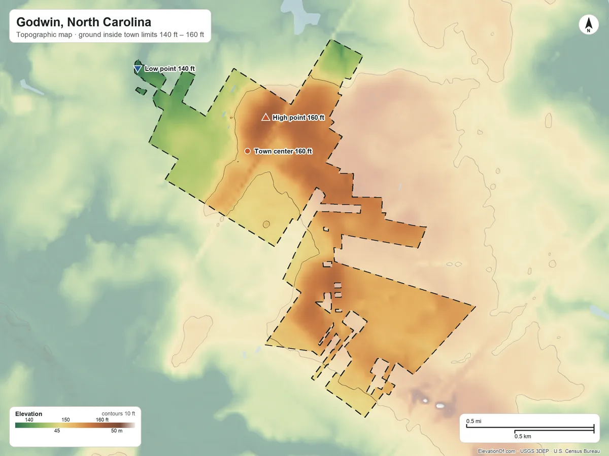 Topographic elevation map of Godwin, North Carolina, shaded from 140 ft on the northwest side to 160 ft near the middle