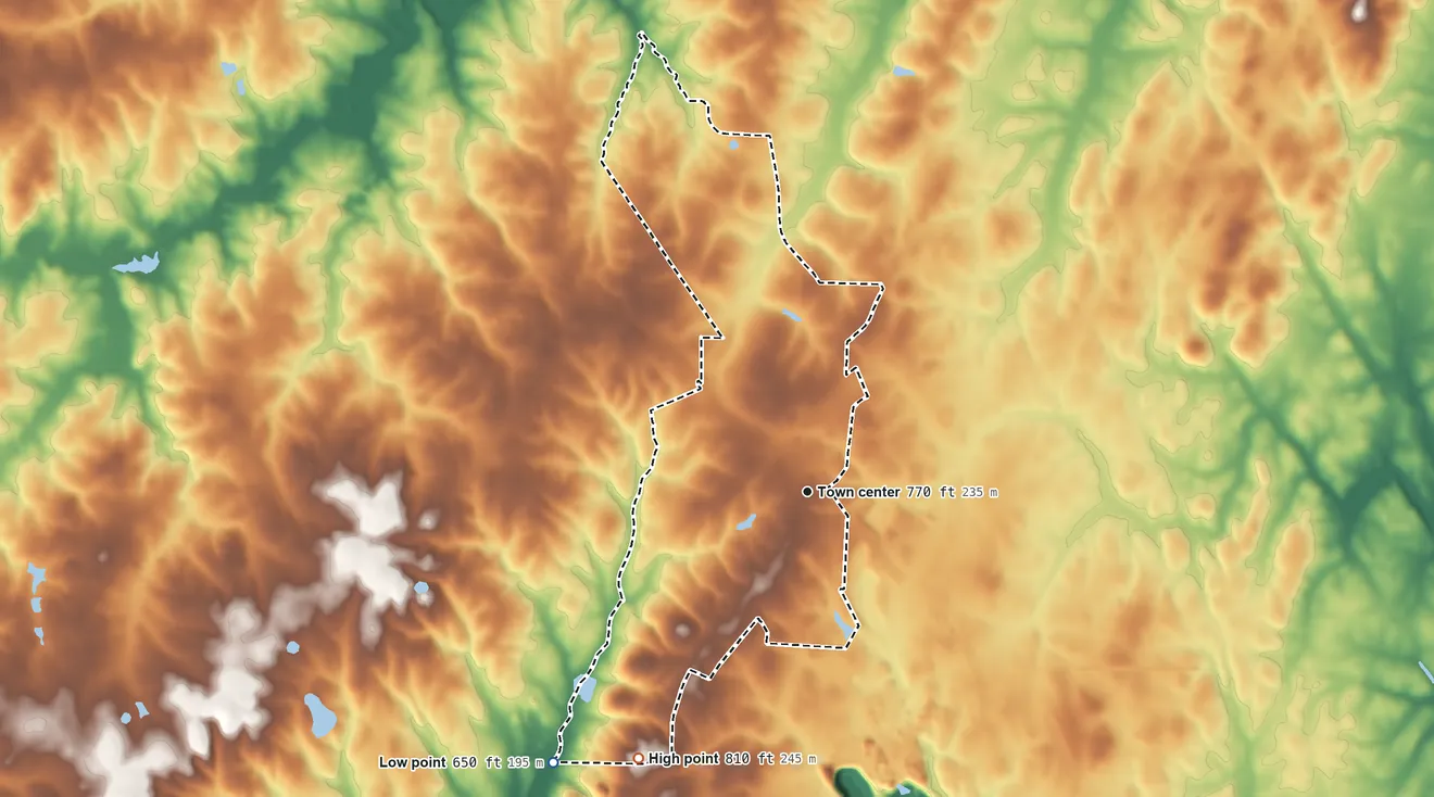 Topographic elevation map of Gold Hill, North Carolina, shaded from 650 ft on the southwest side to 810 ft on the southwest side