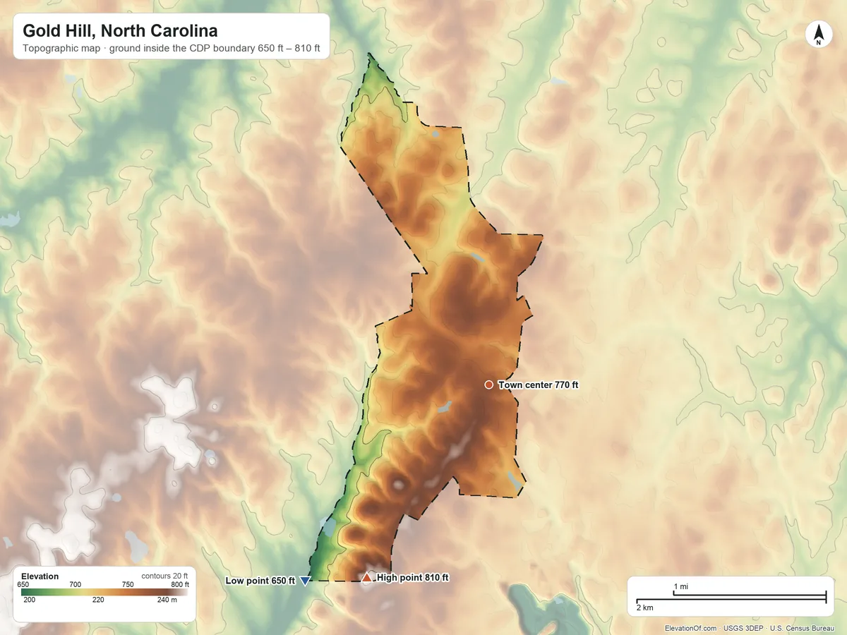 Topographic elevation map of Gold Hill, North Carolina, shaded from 650 ft on the southwest side to 810 ft on the southwest side