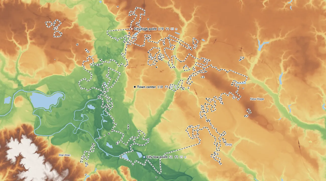 Topographic elevation map of Goldsboro, North Carolina, shaded from 51 ft on the south side to 170 ft on the north side