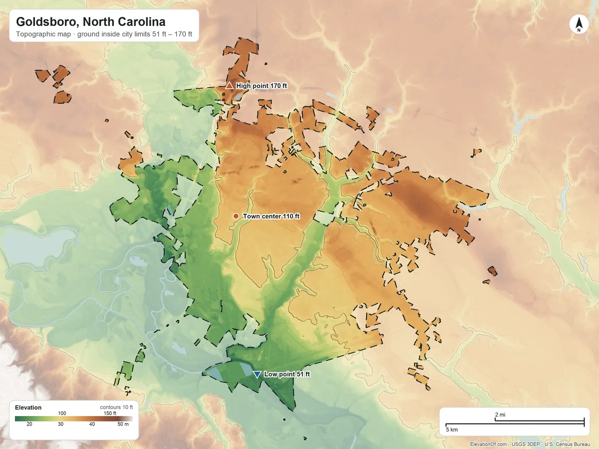 Topographic elevation map of Goldsboro, North Carolina, shaded from 51 ft on the south side to 170 ft on the north side