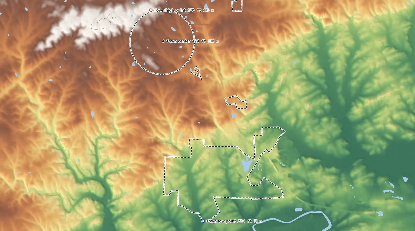 Topographic elevation map of Goldston, North Carolina, shaded from 230 ft on the south side to 470 ft on the north side