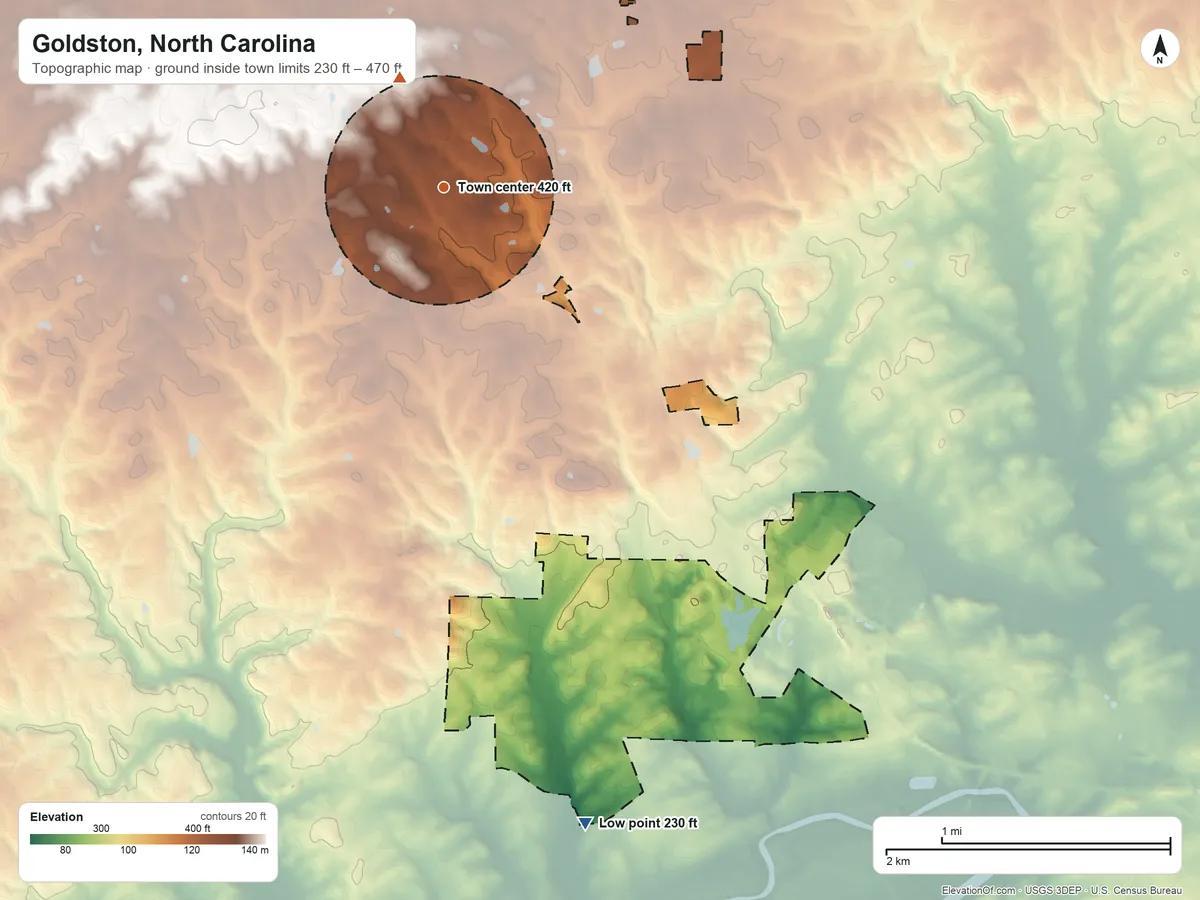 Topographic elevation map of Goldston, North Carolina, shaded from 230 ft on the south side to 470 ft on the north side