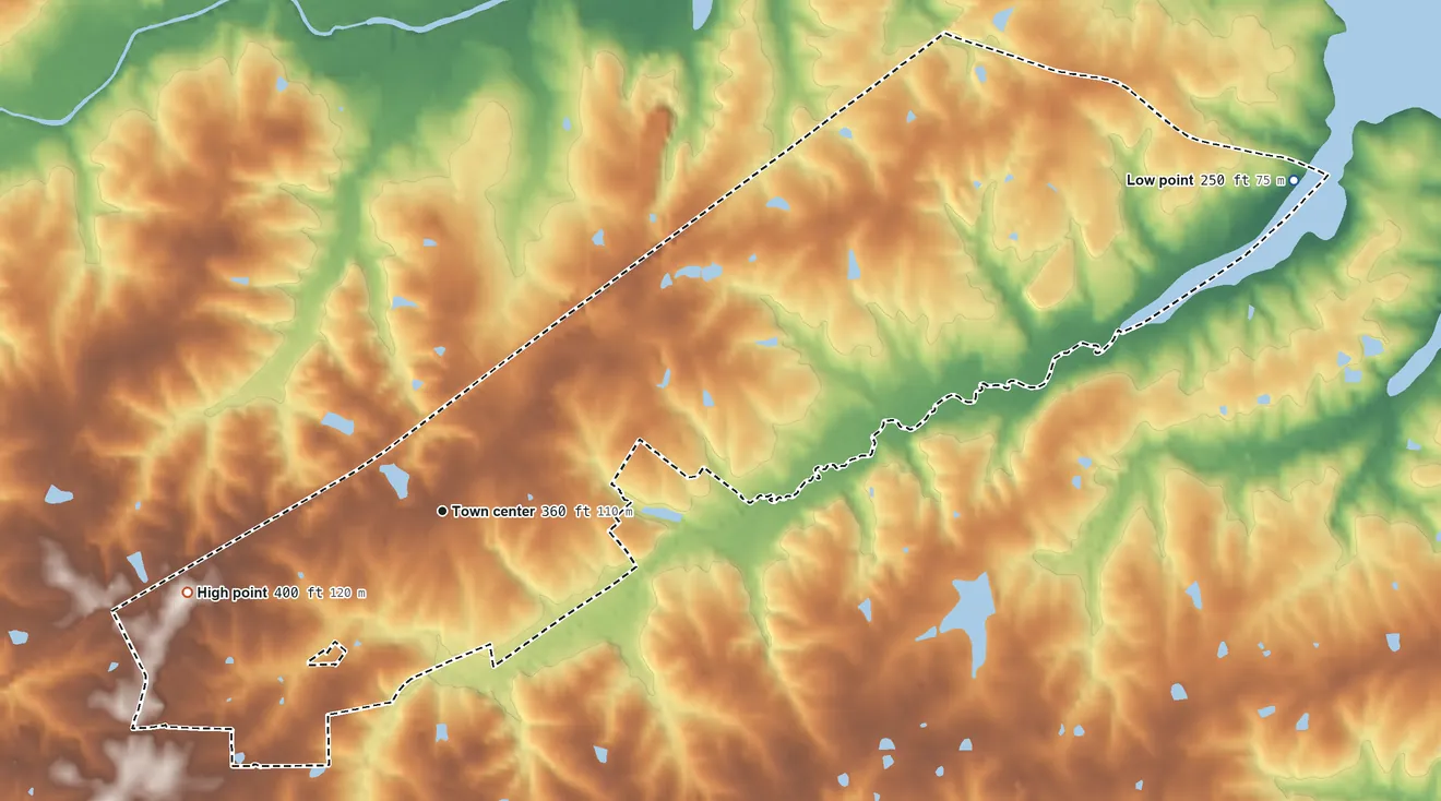 Topographic elevation map of Gorman, North Carolina, shaded from 250 ft on the east side to 400 ft on the west side