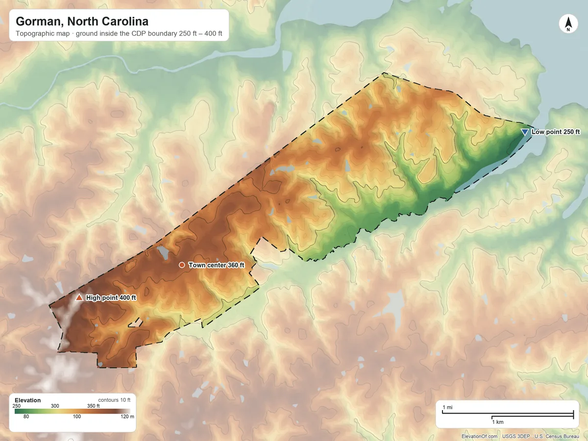 Topographic elevation map of Gorman, North Carolina, shaded from 250 ft on the east side to 400 ft on the west side