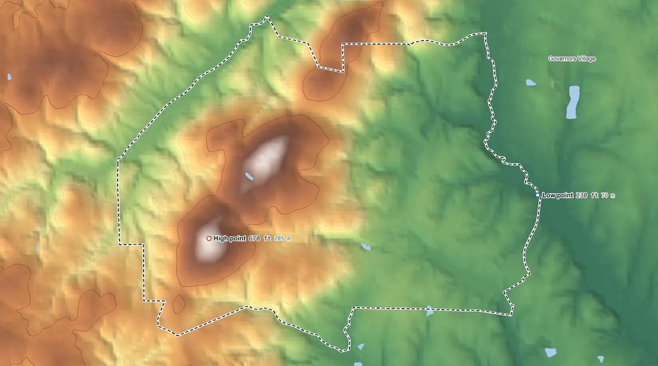 Topographic elevation map of Governors Club, North Carolina, shaded from 230 ft on the east side to 670 ft on the west side