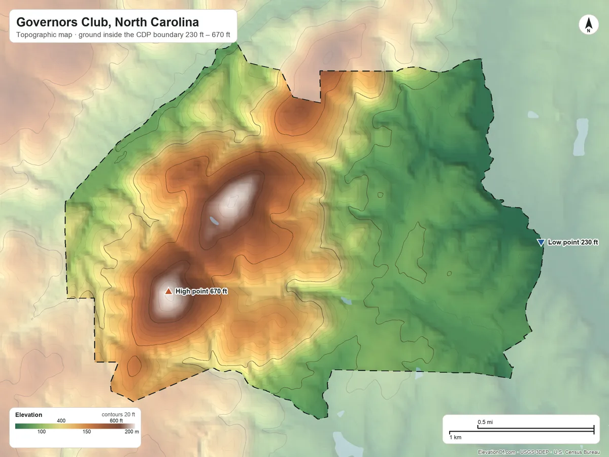 Topographic elevation map of Governors Club, North Carolina, shaded from 230 ft on the east side to 670 ft on the west side