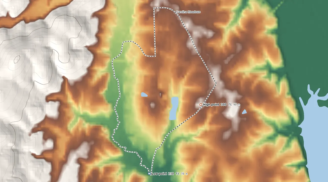 Topographic elevation map of Governors Village, North Carolina, shaded from 230 ft on the south side to 300 ft on the southeast edge, below higher ground just outside