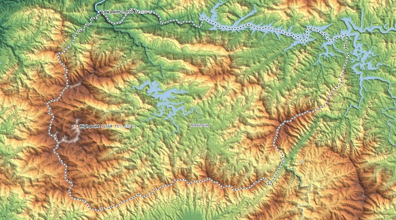 Topographic elevation map of Graham County, North Carolina, shaded from 1,090 ft on the northwest side to 5,560 ft on Huckleberry Knob