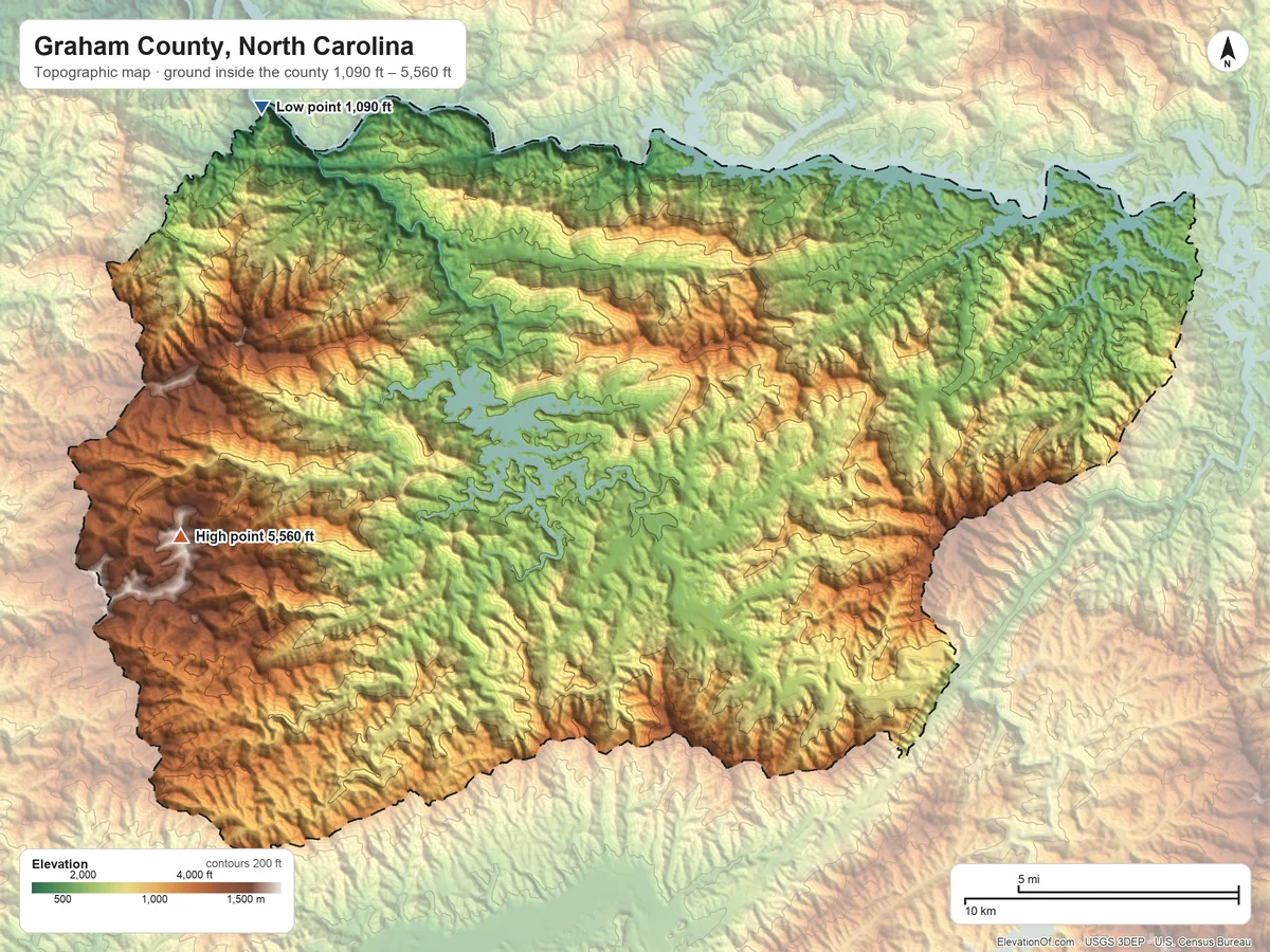 Topographic elevation map of Graham County, North Carolina, shaded from 1,090 ft on the northwest side to 5,560 ft on Huckleberry Knob