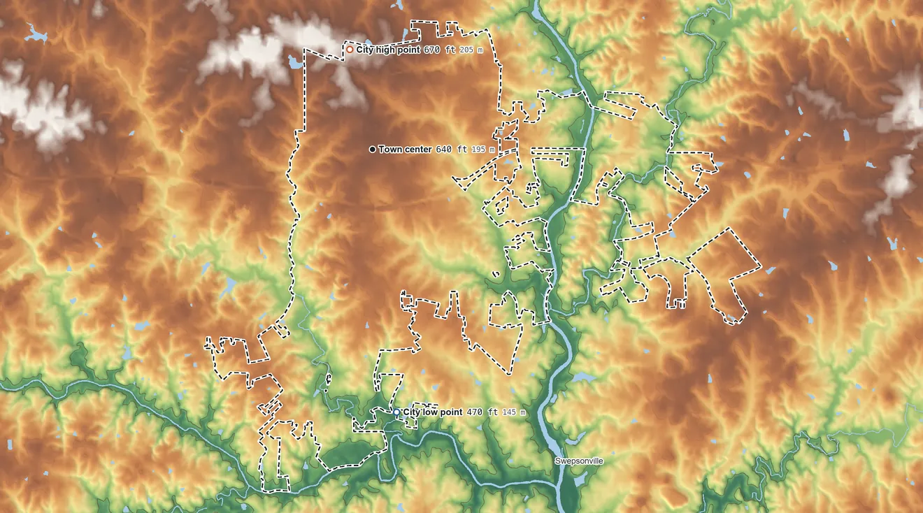 Topographic elevation map of Graham, North Carolina, shaded from 470 ft on the south side to 670 ft on the north side