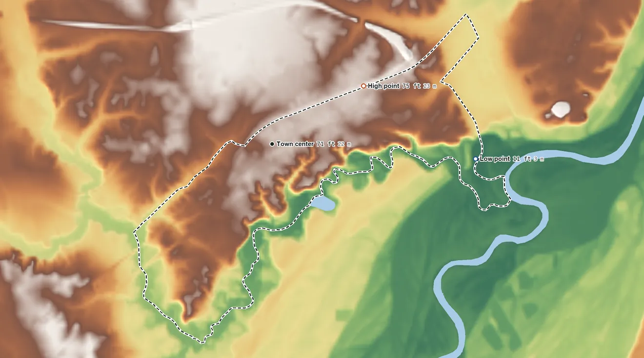 Topographic elevation map of Graingers, North Carolina, shaded from 11 ft on the east side to 75 ft on the northeast side