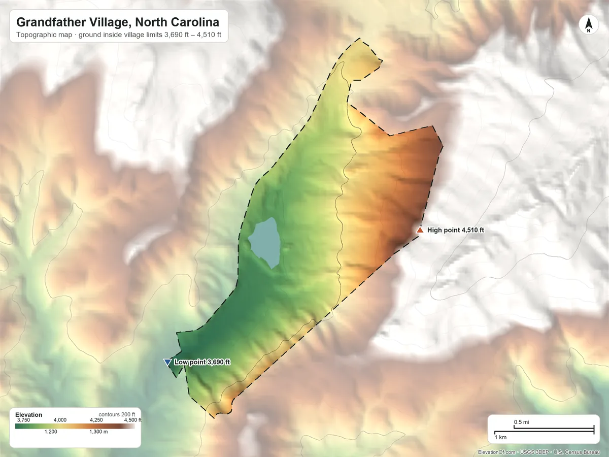 Topographic elevation map of Grandfather Village, North Carolina, shaded from 3,690 ft on the southwest side to 4,510 ft on the southeast edge, below higher ground just outside