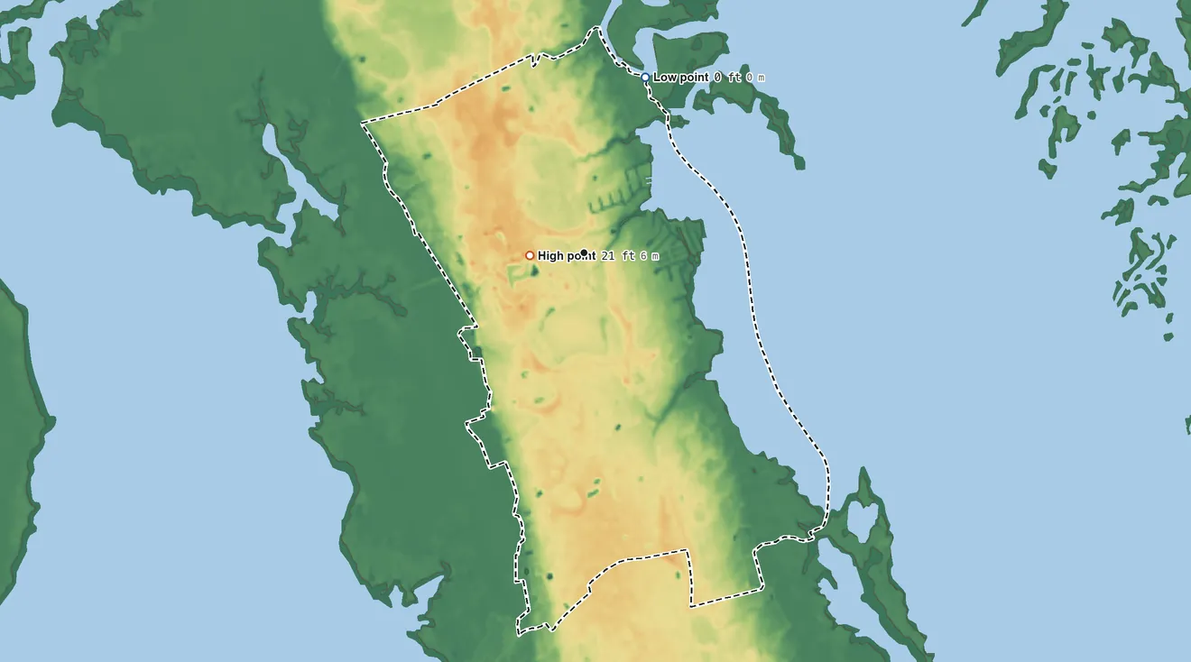 Topographic elevation map of Grandy, North Carolina, shaded from sea level level on Currituck Sound to 21 ft near the middle