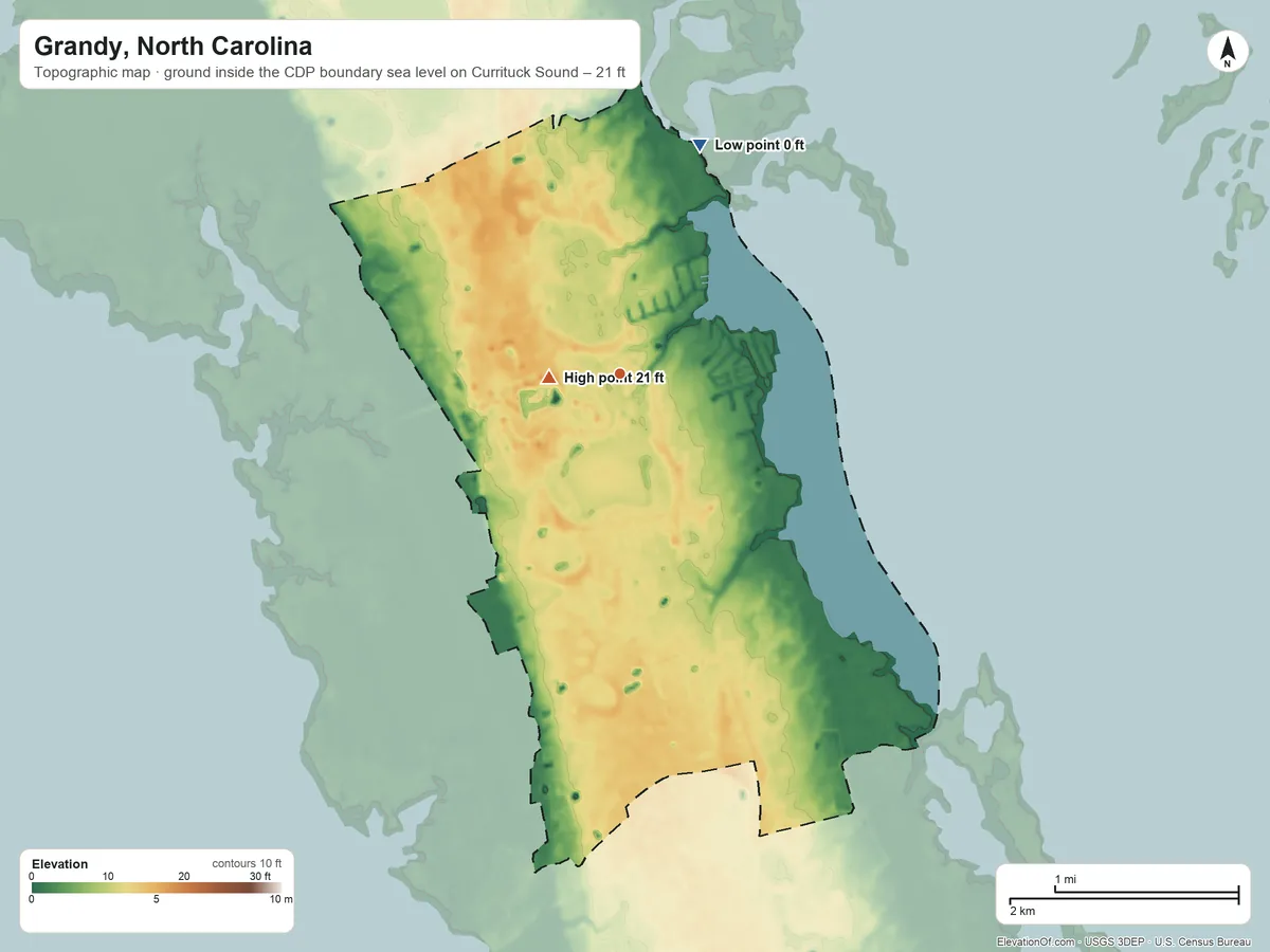 Topographic elevation map of Grandy, North Carolina, shaded from sea level level on Currituck Sound to 21 ft near the middle
