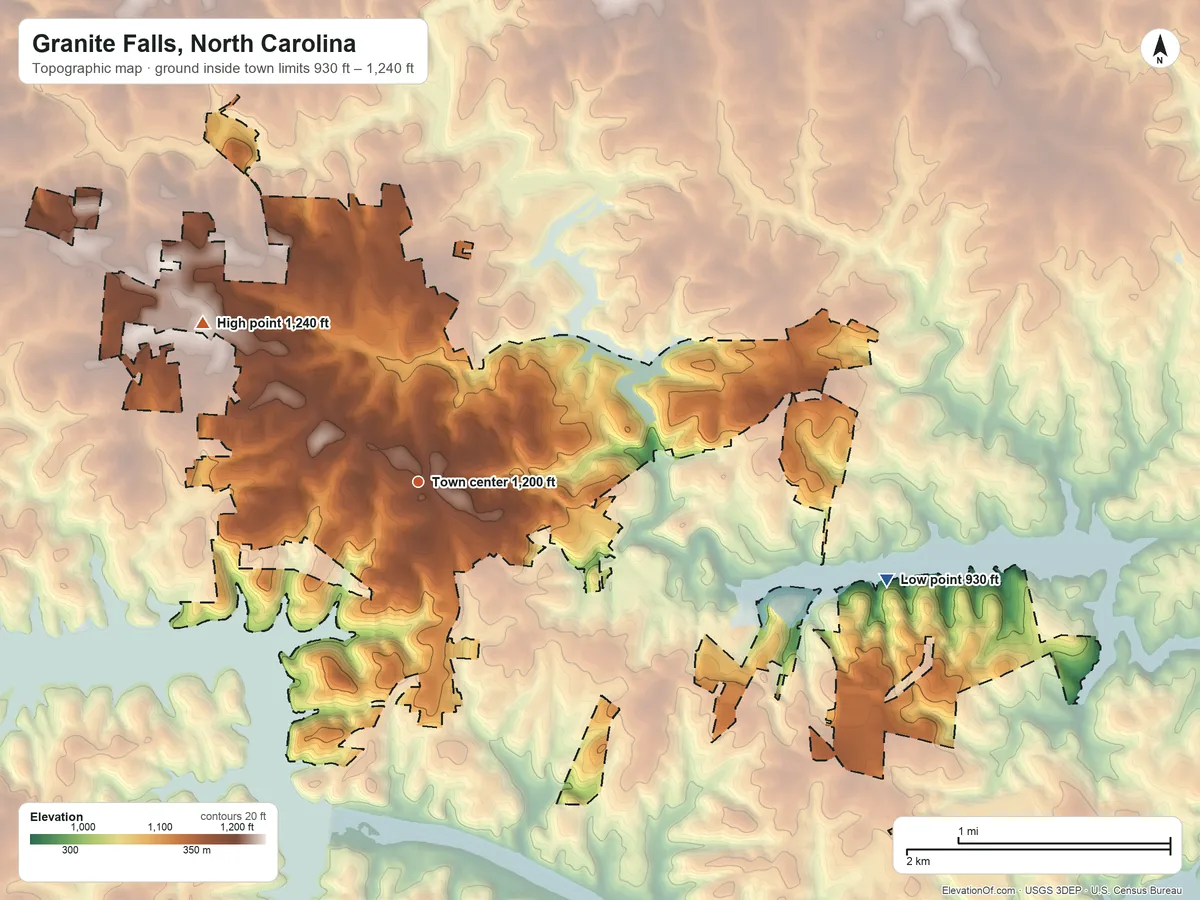 Topographic elevation map of Granite Falls, North Carolina, shaded from 930 ft on the east side to 1,240 ft on the northwest side
