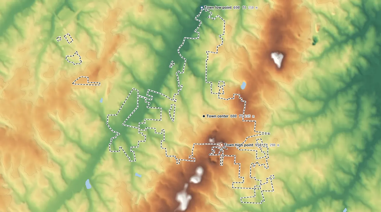 Topographic elevation map of Granite Quarry, North Carolina, shaded from 690 ft on the north side to 950 ft on the southeast side