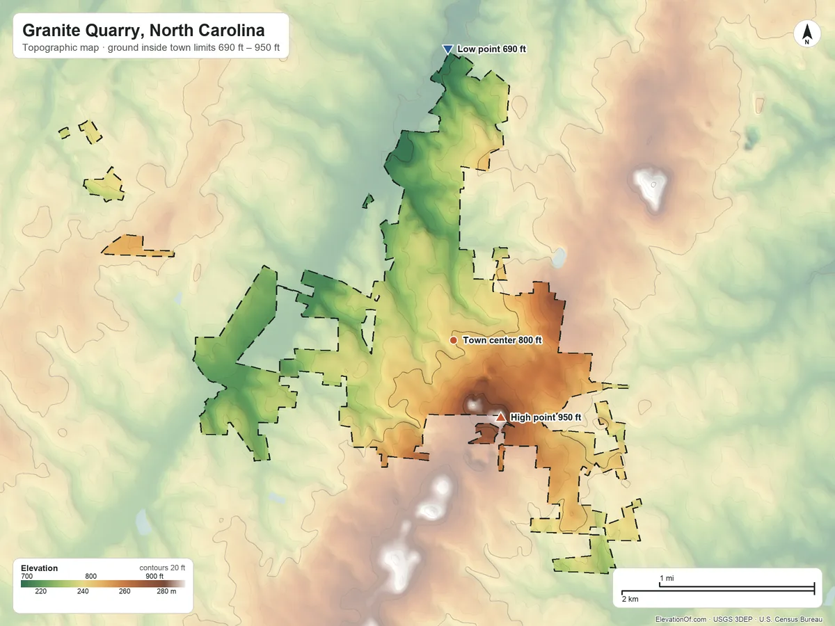 Topographic elevation map of Granite Quarry, North Carolina, shaded from 690 ft on the north side to 950 ft on the southeast side