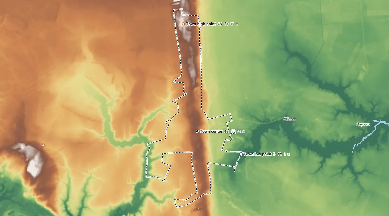 Topographic elevation map of Grantsboro, North Carolina, shaded from 5 ft on the southeast side to 48 ft on the north side
