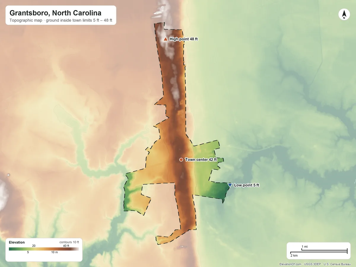 Topographic elevation map of Grantsboro, North Carolina, shaded from 5 ft on the southeast side to 48 ft on the north side