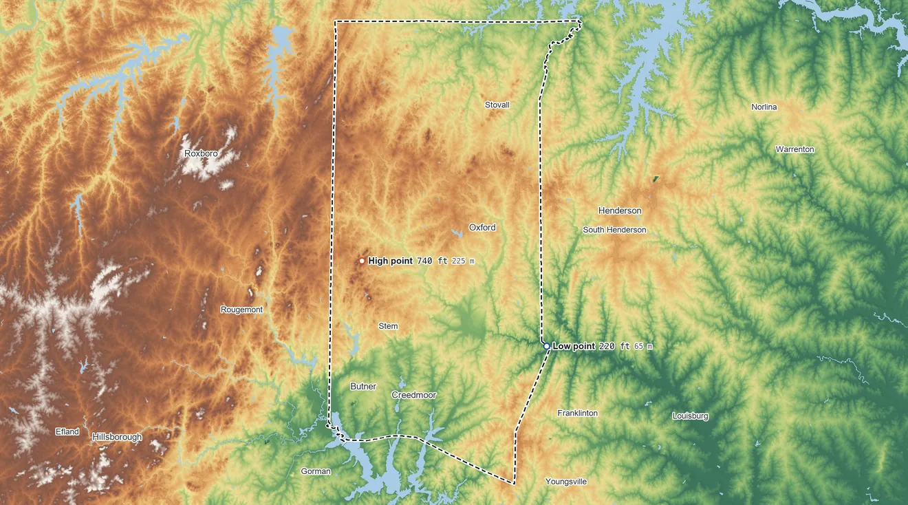 Topographic elevation map of Granville County, North Carolina, shaded from 220 ft on the southeast side to 740 ft on the west side