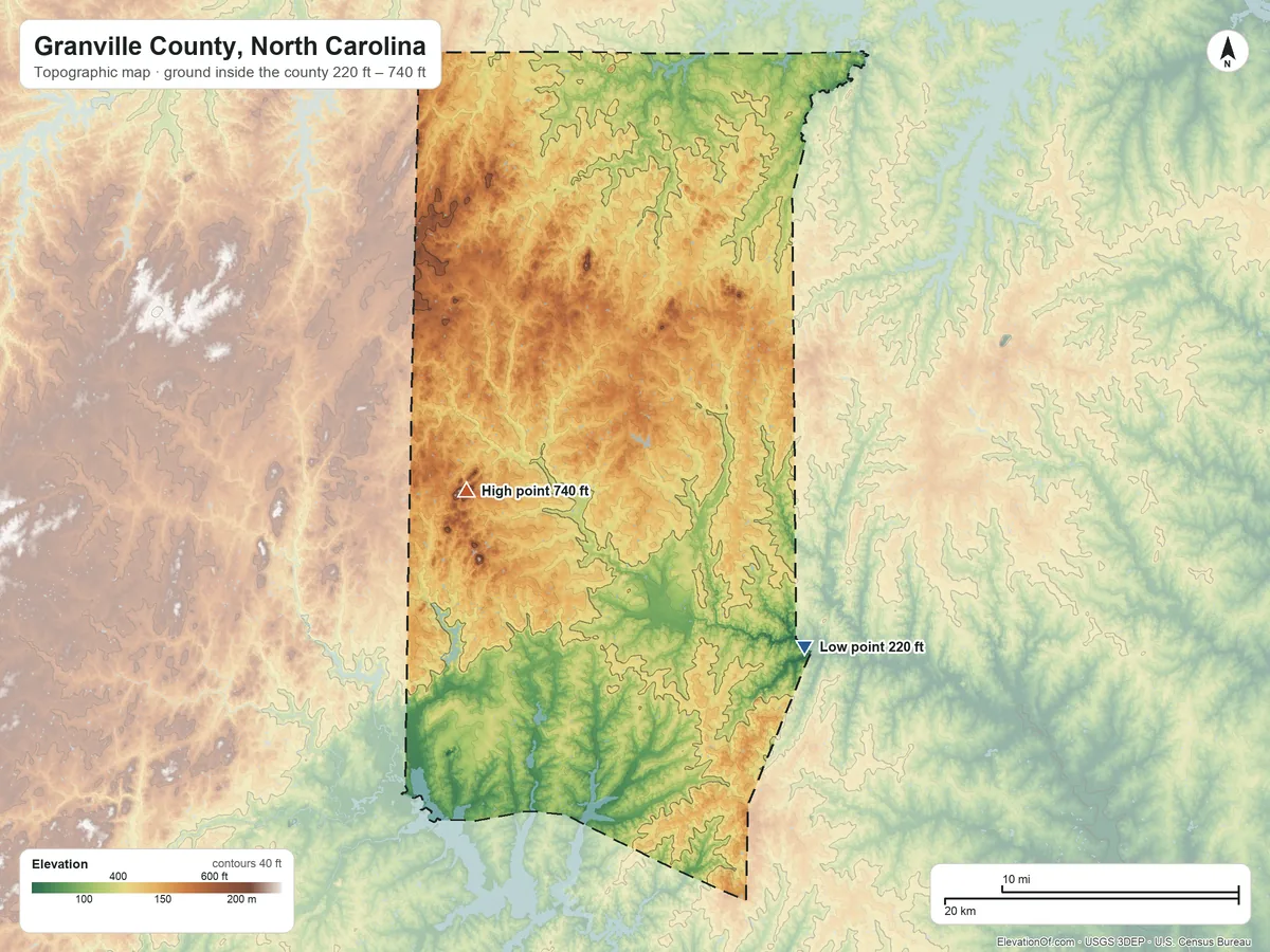 Topographic elevation map of Granville County, North Carolina, shaded from 220 ft on the southeast side to 740 ft on the west side