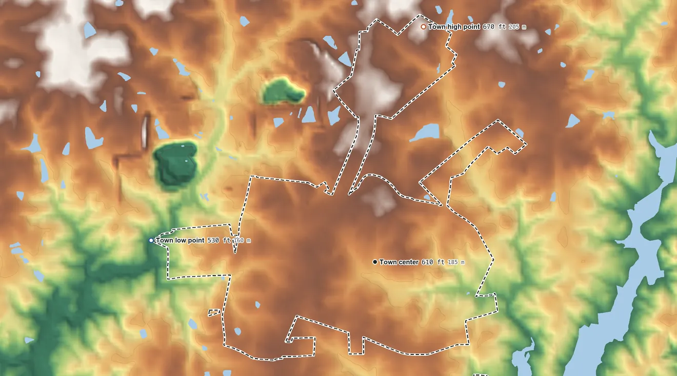 Topographic elevation map of Green Level, North Carolina, shaded from 530 ft on the west side to 670 ft on the north side