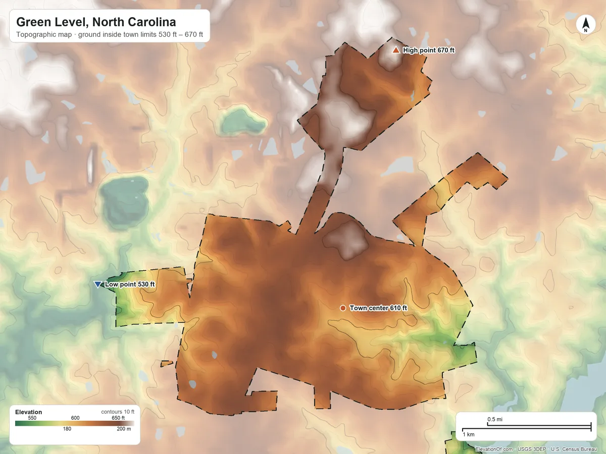Topographic elevation map of Green Level, North Carolina, shaded from 530 ft on the west side to 670 ft on the north side