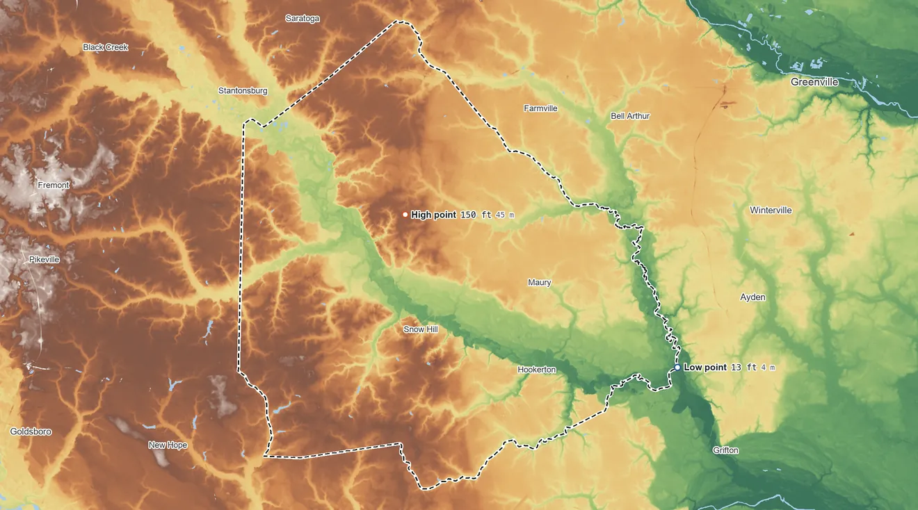 Topographic elevation map of Greene County, North Carolina, shaded from 13 ft on the southeast side to 150 ft on the northwest side