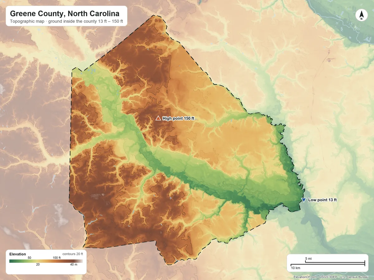 Topographic elevation map of Greene County, North Carolina, shaded from 13 ft on the southeast side to 150 ft on the northwest side