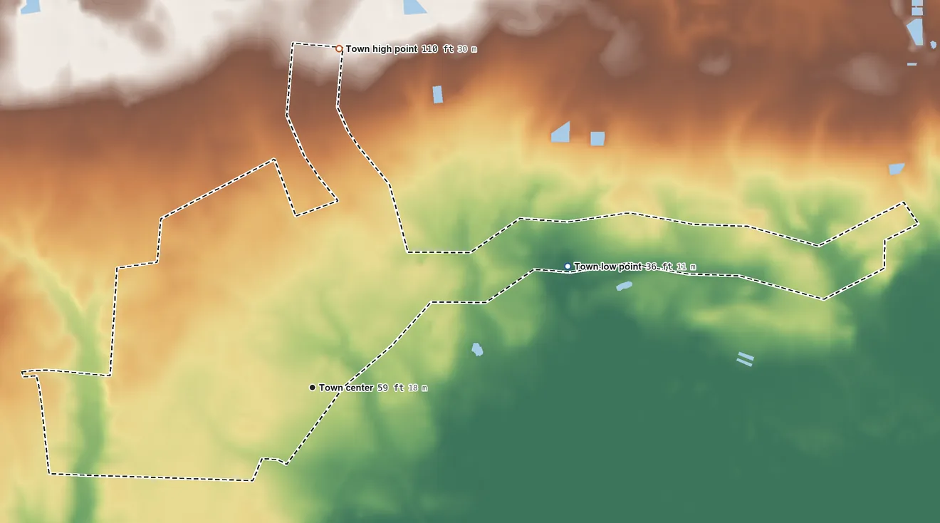 Topographic elevation map of Greenevers, North Carolina, shaded from 36 ft on the northeast side to 110 ft on the north side