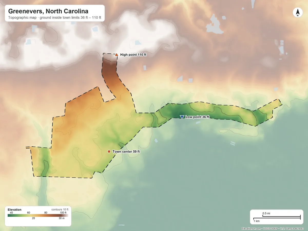Topographic elevation map of Greenevers, North Carolina, shaded from 36 ft on the northeast side to 110 ft on the north side