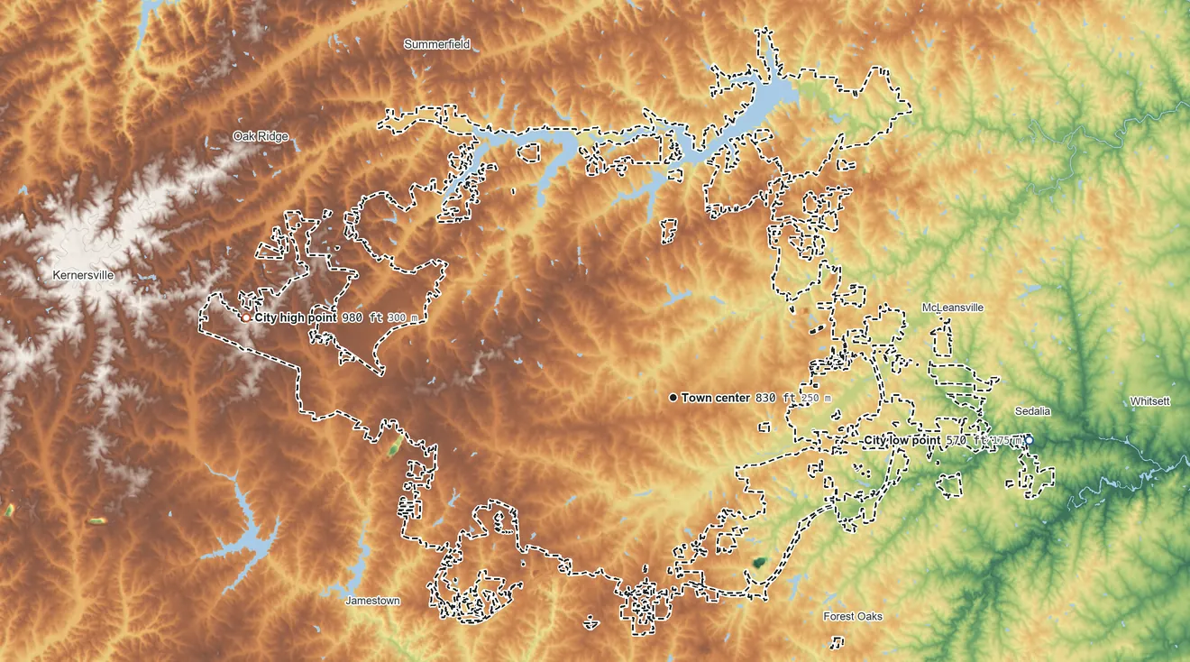 Topographic elevation map of Greensboro, North Carolina, shaded from 570 ft on the east side to 980 ft on the west side