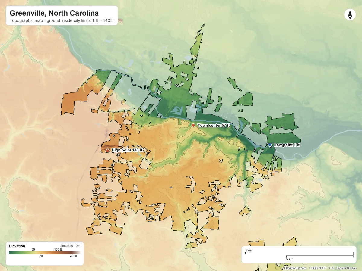 Topographic elevation map of Greenville, North Carolina, shaded from 1 ft on the east side to 140 ft on the west side