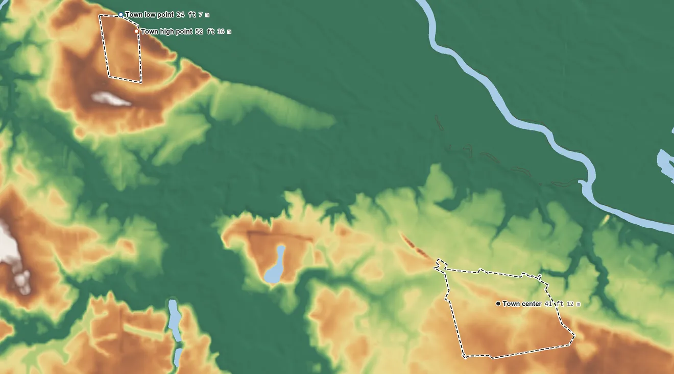 Topographic elevation map of Grimesland, North Carolina, shaded from 24 ft on the northwest side to 52 ft on the northwest side
