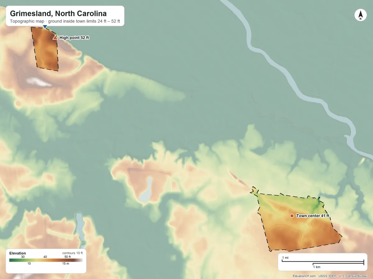 Topographic elevation map of Grimesland, North Carolina, shaded from 24 ft on the northwest side to 52 ft on the northwest side