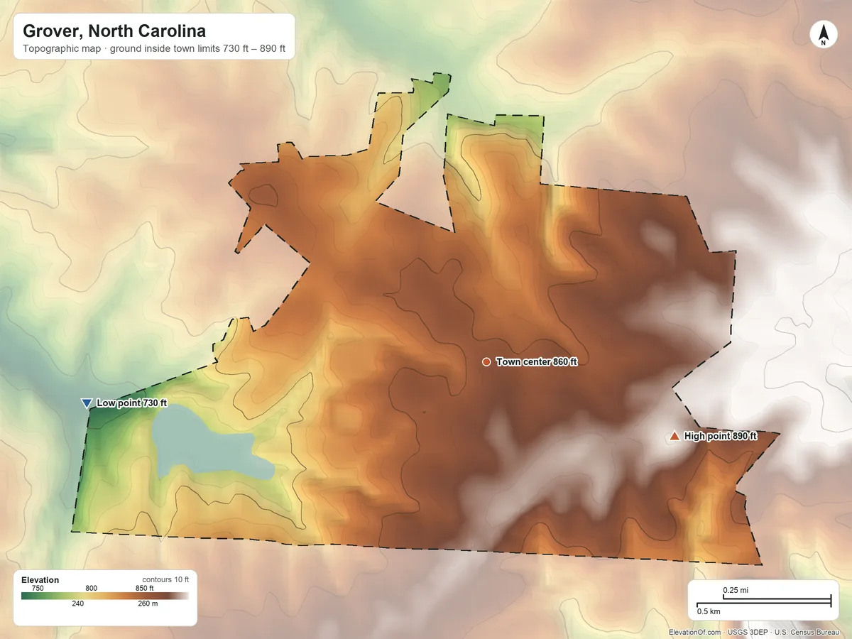 Topographic elevation map of Grover, North Carolina, shaded from 730 ft on the west side to 890 ft on the east side