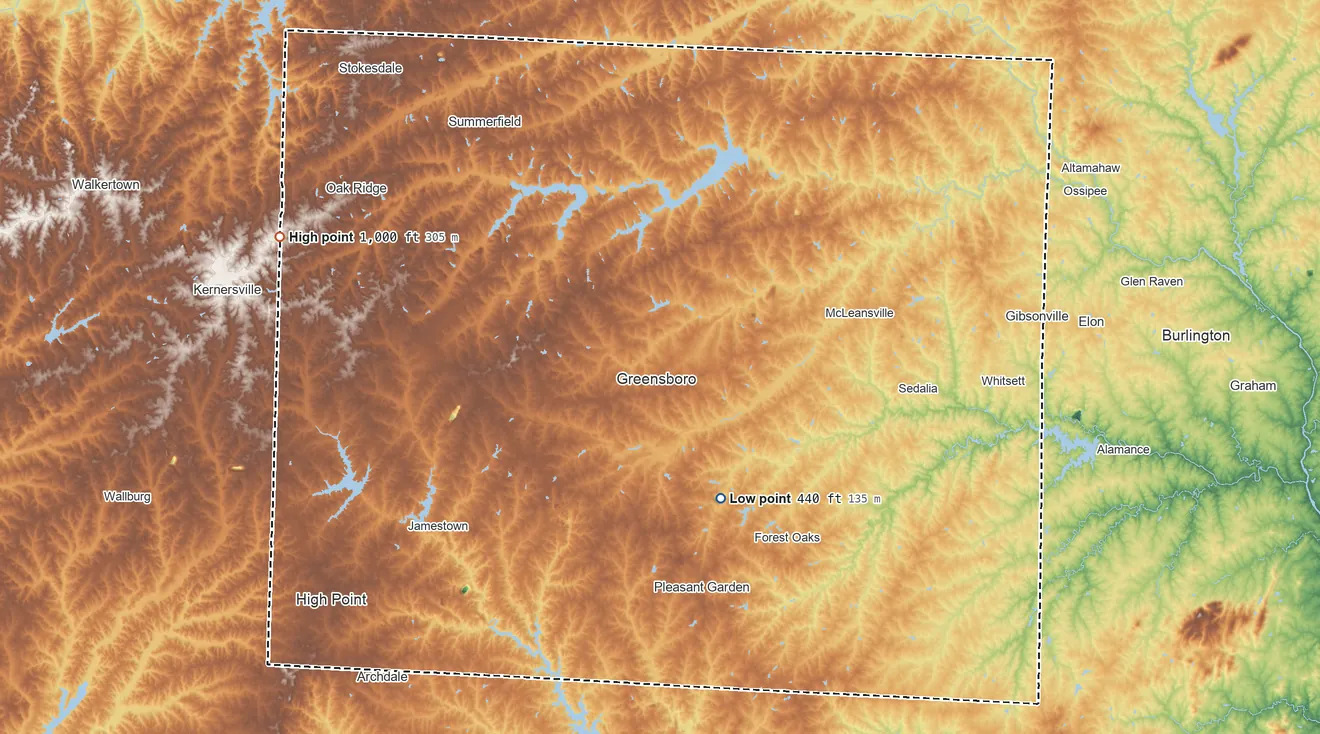 Topographic elevation map of Guilford County, North Carolina, shaded from 440 ft on the southeast side to 1,000 ft on the west side